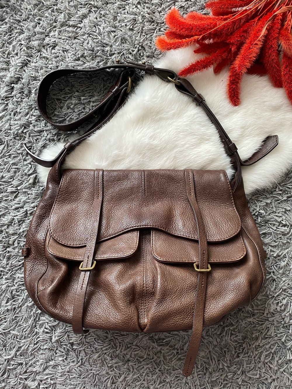 Radley London Brown Pebbled Leather Slouchy Messenger Shoulder Bag